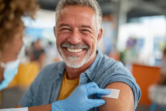 Smiling older man receiving a vaccination