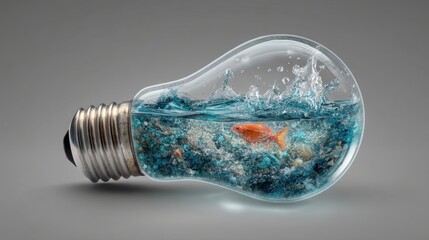 Unique light bulb design with water, goldfish, and splash effects showcasing a creative and artistic interpretation of nature and technology combined