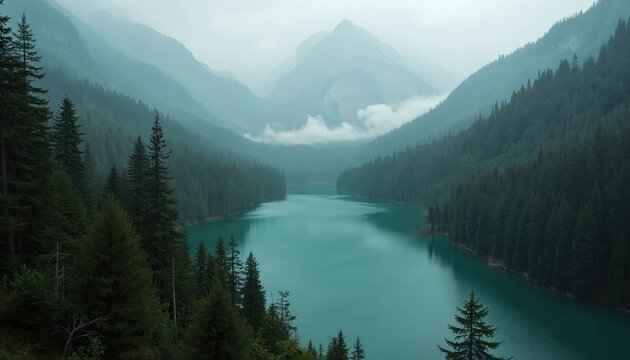 Turquoise lake surrounded by dense pine forests and misty mountains. A drone flies over the still water in early morning. Tranquil remote wilderness landscape with evergreen trees and cloudy sky.
