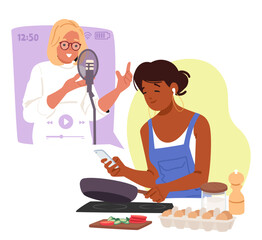 Fototapeta premium Young woman housewife listening audio podcast on phone while cooking at home kitchen scene