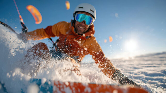 Man kitesurfing on snow with bright sky