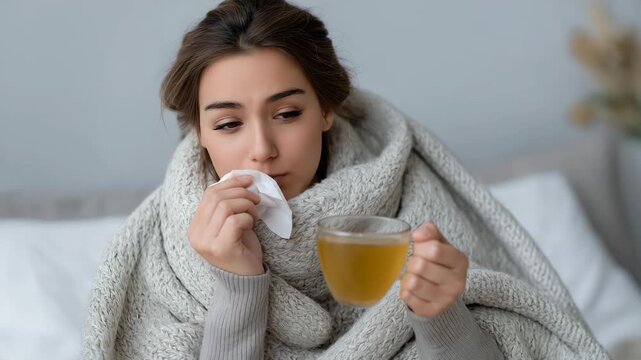 Young adult lying under thick knitted blanket, wearing scarf and socks, holding hot honey-lemon tea with ginger while sneezing into tissue, representing seasonal influenza recovery, autumn cold