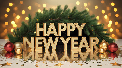 Elegant Gold Happy New Year Greeting Card with Festive Ornaments and Bokeh Lights