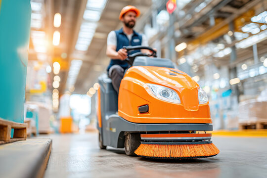 Worker using an industrial floor sweeper in a warehouse