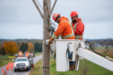 Utility workers repairing power lines from bucket truck