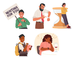 Happy and upset people waiting for meeting checking time due to companion lateness isolated set