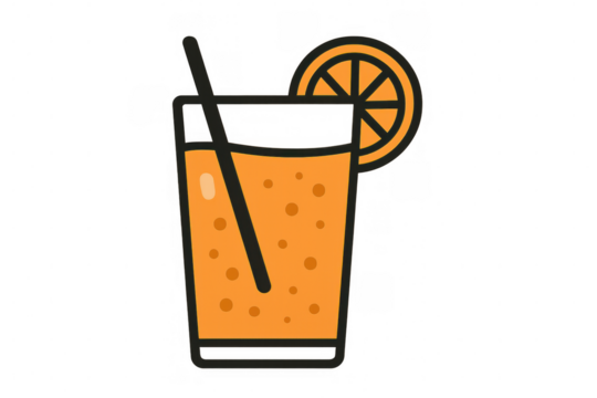 Cold orange fruit juice in a tall glass with a straw and orange slice garnish, vector icon representing refreshment - Powered by Adobe