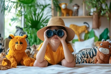 Young girl exploring with binoculars in safari-themed room