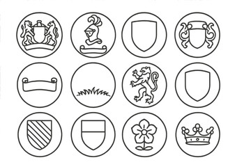 Fototapeta premium Heraldic Line Icons. Line style round icons of coat of arms details: supporters, helm, shield, mantling; motto scroll, compartment
