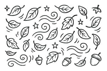 Autumn Doodle Icons. Falling leaves doodle icon set: hand drawn icons of swirling leaves, stars, wind, and acorns. isolated