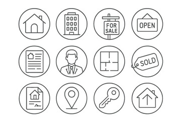 Real Estate Icons. Line style round icons of real estate essentials: house icon, apartment building, for sale sign, open house;