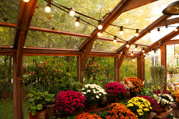 Colorful flowers in a warm greenhouse with soft lighting during autumn season