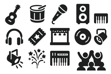 Festival Icon Set. Solid style icons of Music Festival: Guitar, Drum, Microphone, Speaker, Headphones, Ticket, Stage, Vinyl,