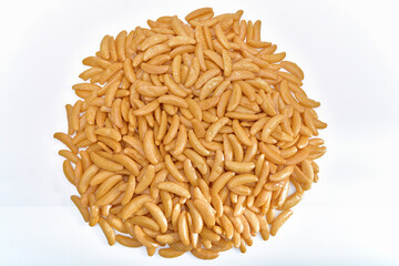 Kaki no tane Japanese rice crackers isolated on white background.