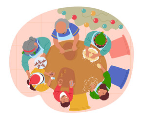 Overhead view on happy family preparing Christmas gingerbread cookies enjoying holidays tradition