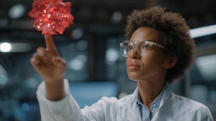 Doctor interacting with holographic blood cell models in AR, expressing curiosity and focus, symbolizing next-generation medical education, AI-assisted research, and immersive laboratory - Powered by Adobe