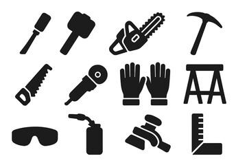 Obraz premium Ice Carving Tools Icons. Solid style icons of Ice Carving Tools: chisel, mallet, chainsaw, ice pick, hand saw, grinder, protective