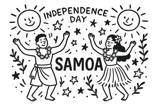 Samoa Independence Celebration. Doodle samoa independence day with dancers, suns, and stars, center word “Samoa” in black and