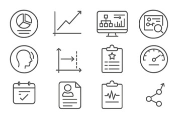 Strategy Icons Collection. Line style round icons of strategy review: KPI report, progress graph, audit file, strategy dashboard;