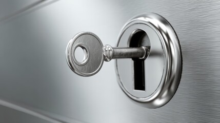 Metallic Key Inserting Into Classic Keyhole On Brushed Steel Background Symbolizing Security And Protection In Digital And Physical Life