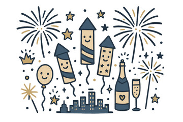 Festive Fireworks Celebration. Fireworks fair illustration doodle style: hand drawn rockets with smile, skyline, crown, star,