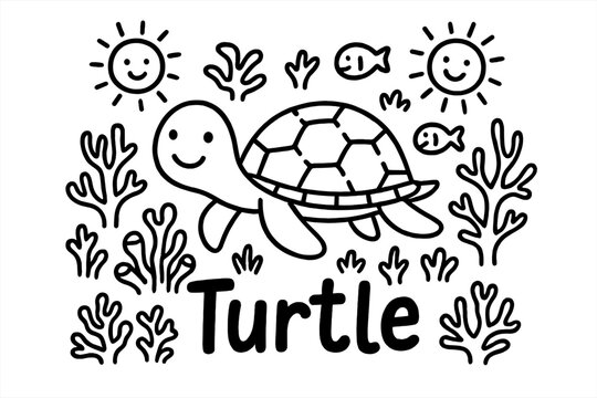 Turtle Doodle. Doodle turtle with corals, suns, and smiling fish, center word &ldquo;Turtle&rdquo; in black and white isolated transparent