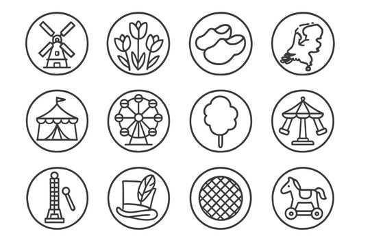 Dutch Fair Icons. Line style round icons of Kermis: windmill, tulips, clogs, Netherlands; fair tent, Ferris wheel, cotton candy,