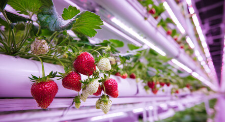 Close-up of strawberry plants growing in a vertical farms with white pipes.