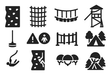 Adventure Park Icons. Solid style icons of Adventure Park: climbing wall, rope net, suspension bridge, zipline tower, swing rope,