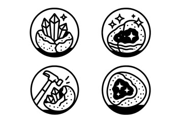 Geode Crystal Cross-section. Line style round icons of geode cracked: crystal, surprise, geology, rough exterior; sparkling core,