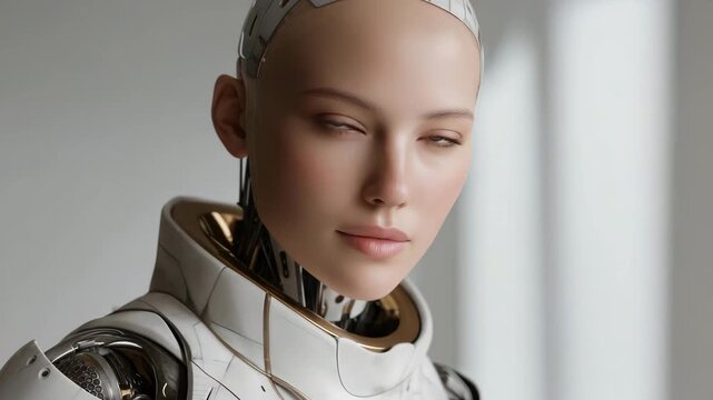 Humanoid robot displaying subtle facial expressions that mirror human emotions, symbolizing advanced artificial intelligence, emotional recognition, and the evolution of empathetic robotics.