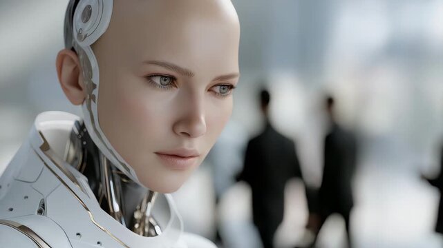 Hyperreal android with synthetic skin and expressive human-like eyes, symbolizing emotional artificial intelligence, robotics advancement, and seamless integration of machines into human