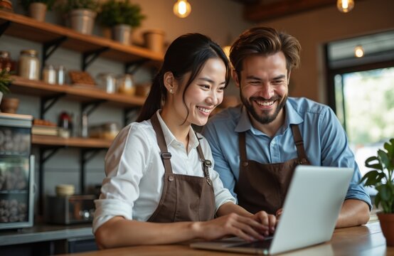 Young man and woman cafe owners review sales report on laptop. They are happy and smiling while working together in their coffee shop. Customers are visible in background.