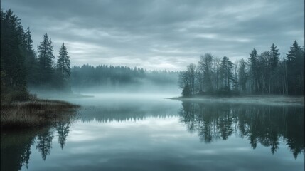Obraz premium Serene Misty Lake Landscape Surrounded by Lush Forest and Tranquil Water Reflections under Cloudy Sky at Dawn in Beautiful Nature Scene