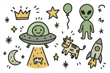 UFO Doodle Icons. UFO doodle icon set: hand drawn icons of flying saucer with smile, alien, beam, cow, crown, star, balloon,