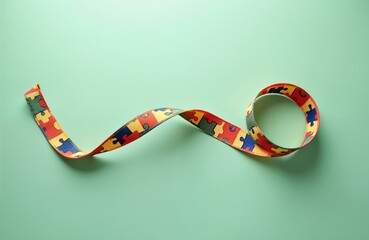 Autism awareness ribbon with puzzle pattern flows across pastel background. Symbolizes neurodiversity and support for autism spectrum disorder.
