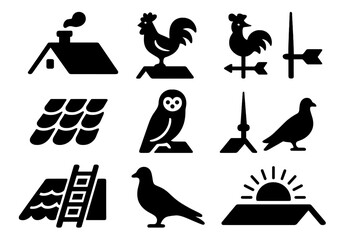 Fototapeta premium Farmhouse Rooftop Silhouette. Solid style icons of Farmhouse Rooftop: shingled roof, chimney smoke, perched rooster, weather vane