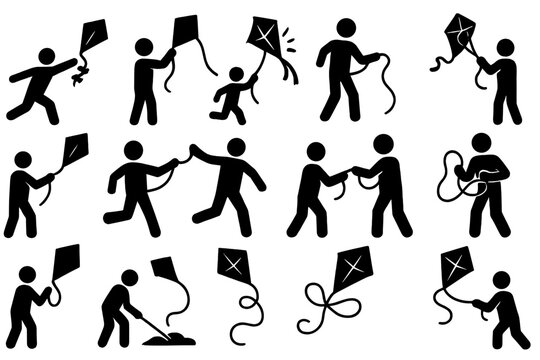 Kite Flying Journey. Solid style icons of Kite flying activities and moments: launch throw, tug string, kite crash, reeling in,