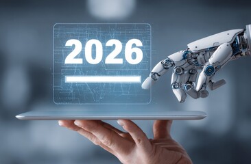 Tablet with a digital progress bar loading and showing the year 2026 on the screen,robot arm pointing at screen.