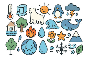 Naklejka premium Climate Doodle Icon Set. Climate doodle icon set: hand drawn icons of thermometer, melting ice, polar bear, penguin, whale, sun,