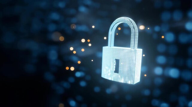 Mysterious glowing lock hovering in a dark void surrounded by binary code, evoking cyber mystery, digital security, encrypted secrets, and the unknown layers of online protection. cinematic color