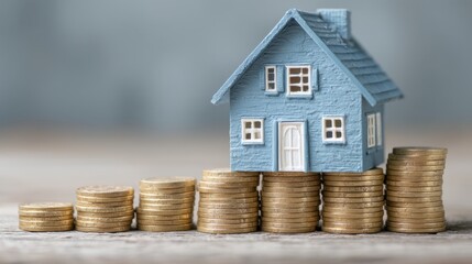 Miniature blue house model on a stack of coins representing real estate investment, saving, and financial growth concepts in a creative composition