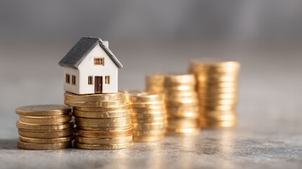 Conceptual Representation of Home Ownership, Financial Investment and Wealth Growth Using Miniature House on Stacked Gold Coins Against Soft Background