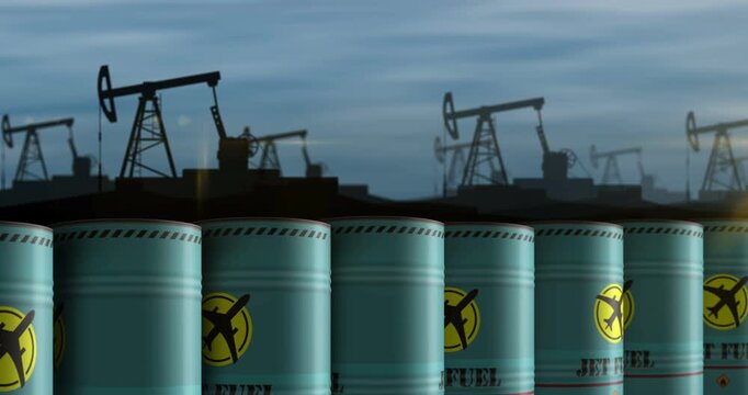 Jet fuel airplane oil barrels in row seamless and loopable concept. Aircraft petrol industrial containers.