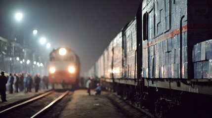 Obraz premium Focused medium shot of a freight train car being loaded with heavy crates under bright terminal lights with softfocus background showing bustling cargo handlers.