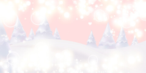 Vector winter forest with snow-covered trees on pink glowing background. Ideal for holiday cards, banners, New Year greeting designs and elegant seasonal projects
