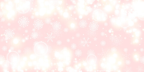 Elegant pink background with white snowflakes and glowing light effects. Perfect for holiday cards, winter banners, New Year projects and festive seasonal design.