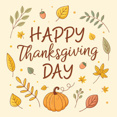 Thanksgiving Day Card with Fall Leaves, Pumpkin, and Acorns – Elegant Autumn Holiday Greeting