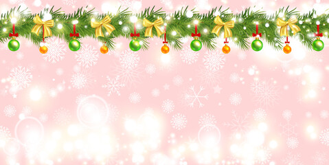 Vector illustration of festive Christmas garland with gold bows, baubles and snowflakes on pink background. Perfect for greeting cards, banners and winter holiday design