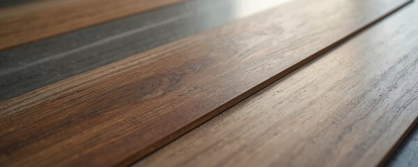 Luxury vinyl plank sheet samples for floor tiles. Different types of wooden flooring. Brown, grey vinyl planks with wood grain pattern. Click lock, glue installation types for choosing right option.